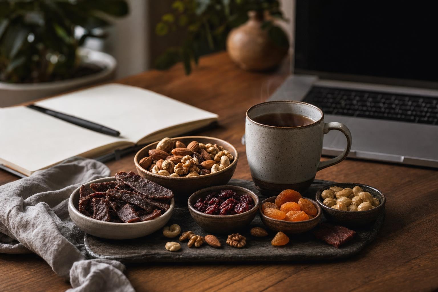 Kleine Schalen mit Nüssen, Trockenfrüchten und Jerky neben einer Tasse Tee oder Kaffee auf einem Schreibtisch mit Laptop und Notizbuch