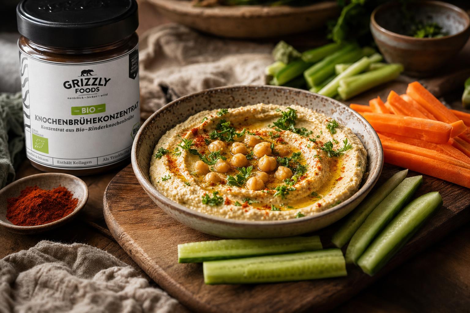 Cremiger Hummus mit Olivenöl, Kichererbsen, Petersilie und Paprika, serviert mit frischen Karotten- und Gurkensticks auf Holzbrett