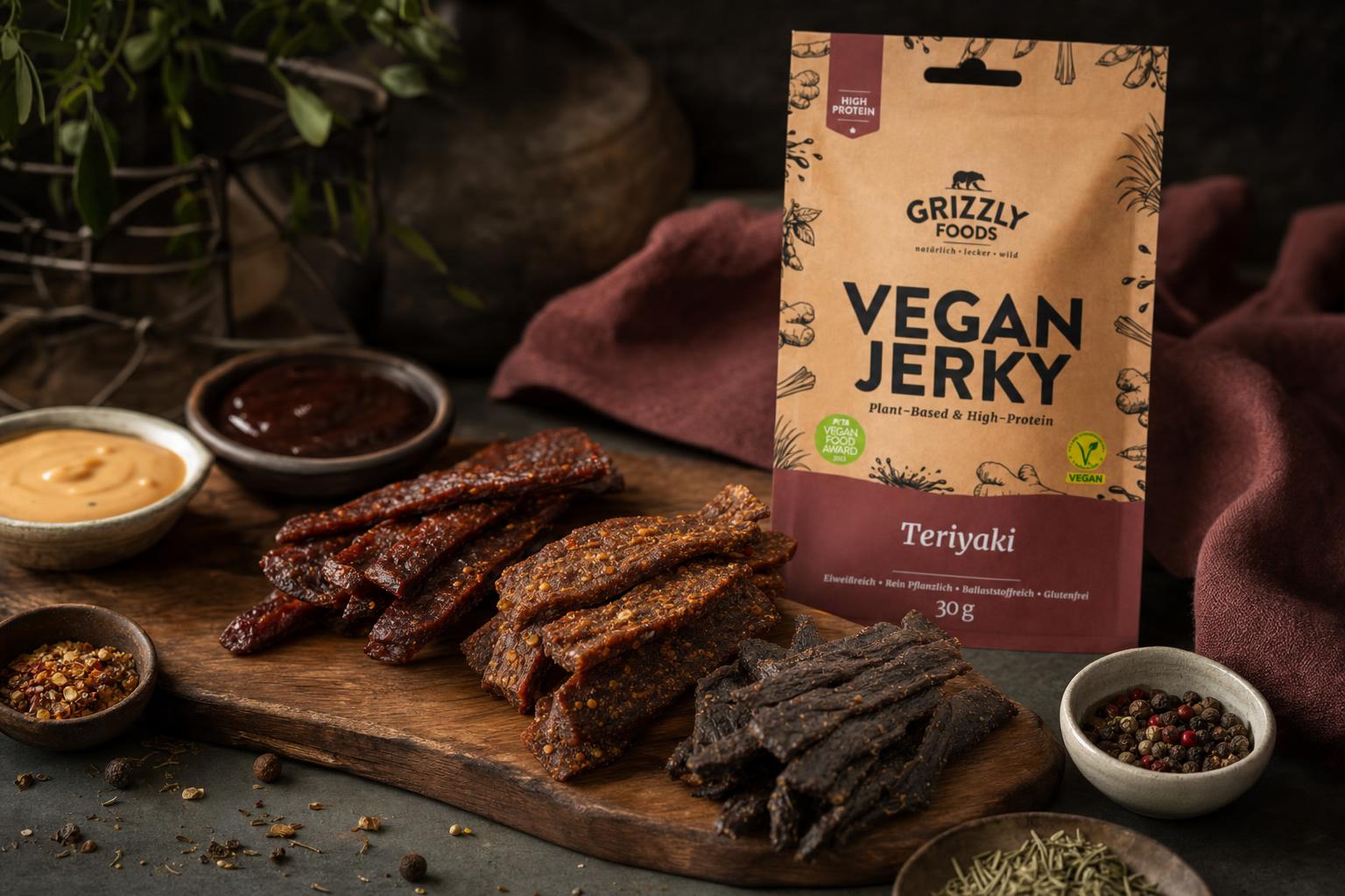 Verschiedene pflanzliche Jerky-Streifen auf einem Holzbrett, daneben Schalen mit Dips und getrockneten Gewürzen.