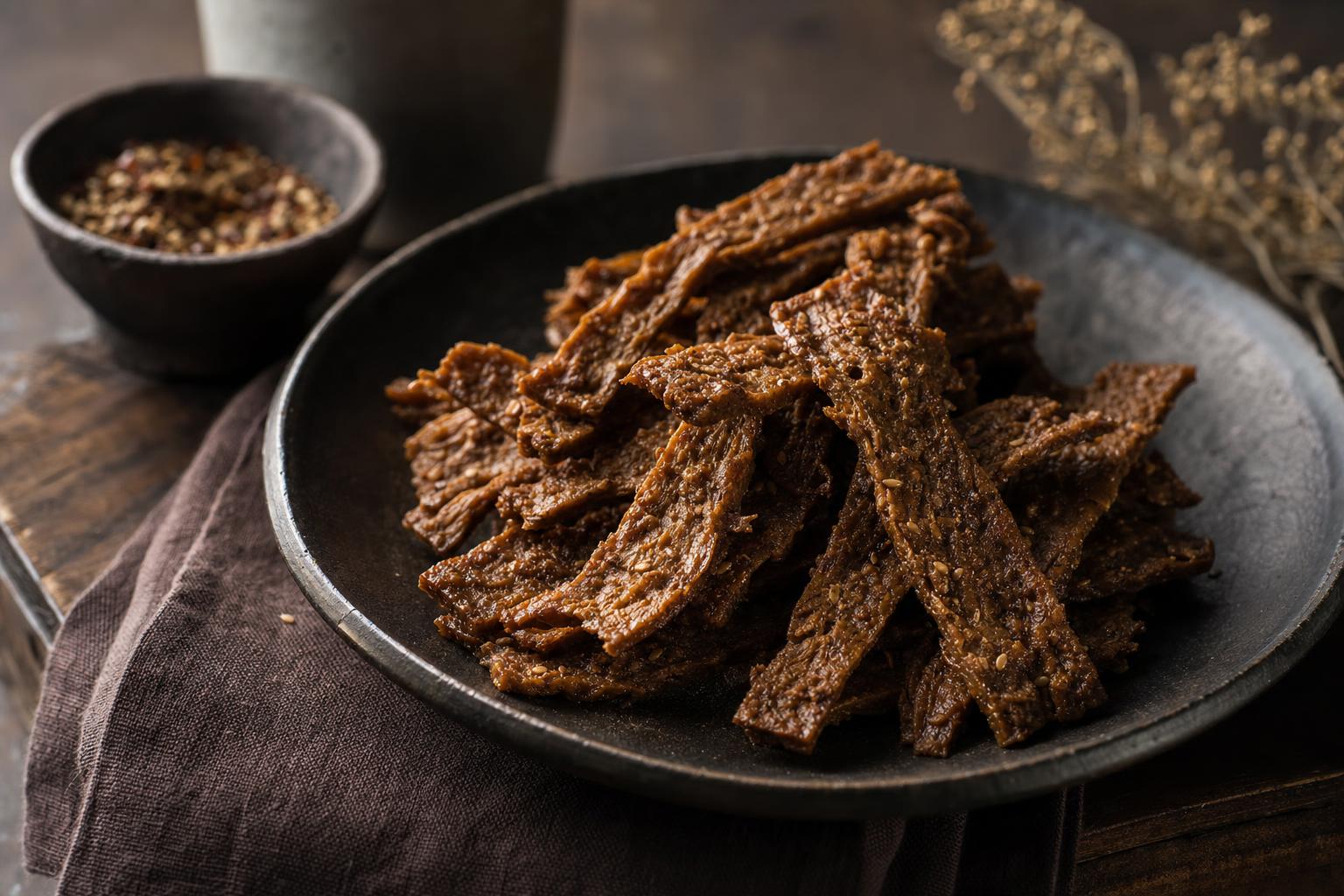 Hausgemachte Seitan-Jerky-Streifen auf dunklem Keramikteller, mariniert und gebacken, proteinreiche vegane Snack-Alternative