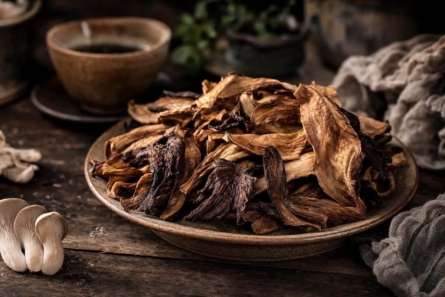 Getrocknete Shiitake- und Austernpilzstreifen als pflanzlicher Jerky-Snack auf rustikalem Keramikteller, ohne Verpackung