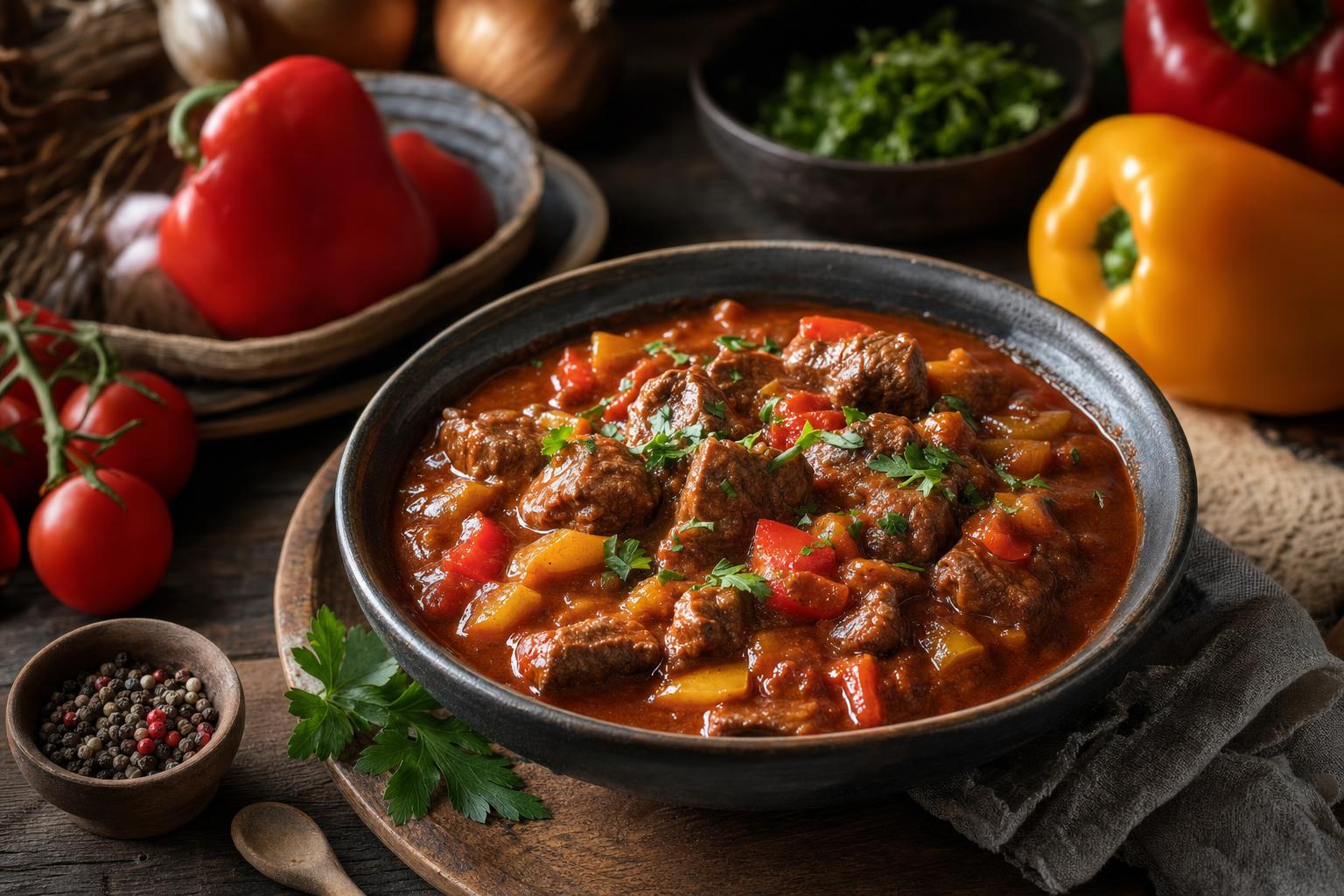 Kräftiger Gulascheintopf mit zarten Fleischstücken, Paprika und dicker Paprikasoße in einer Schale, umgeben von frischem Gemüse.