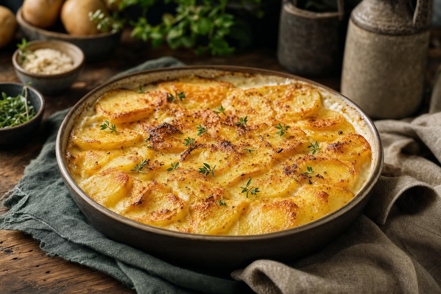 Frisch gebackenes veganes Kartoffelgratin mit goldbrauner Kruste und grünen Kräutern in einer weißen Auflaufform auf Holztisch.