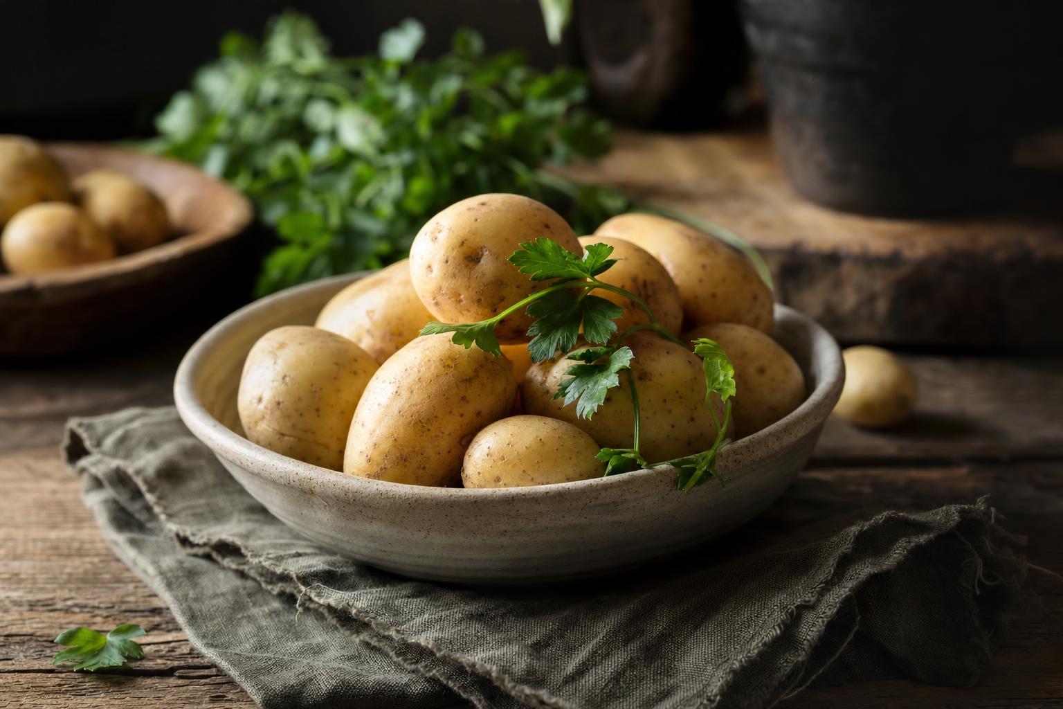 Frische, ungeschälte Kartoffeln mit Petersilie in einer Holzschale auf einem Küchentuch, rustikal auf Holztisch arrangiert.