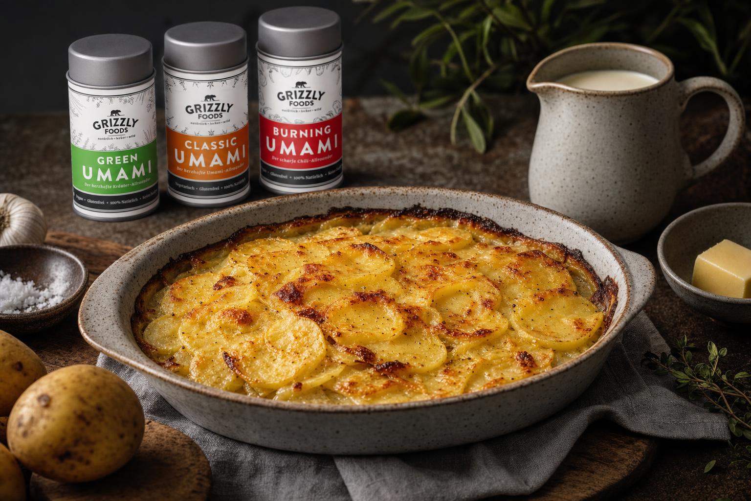 Kartoffelgratin in Auflaufform, goldbraun überbacken, mit cremiger Oberfläche und leicht gebräunten Kartoffelscheiben.