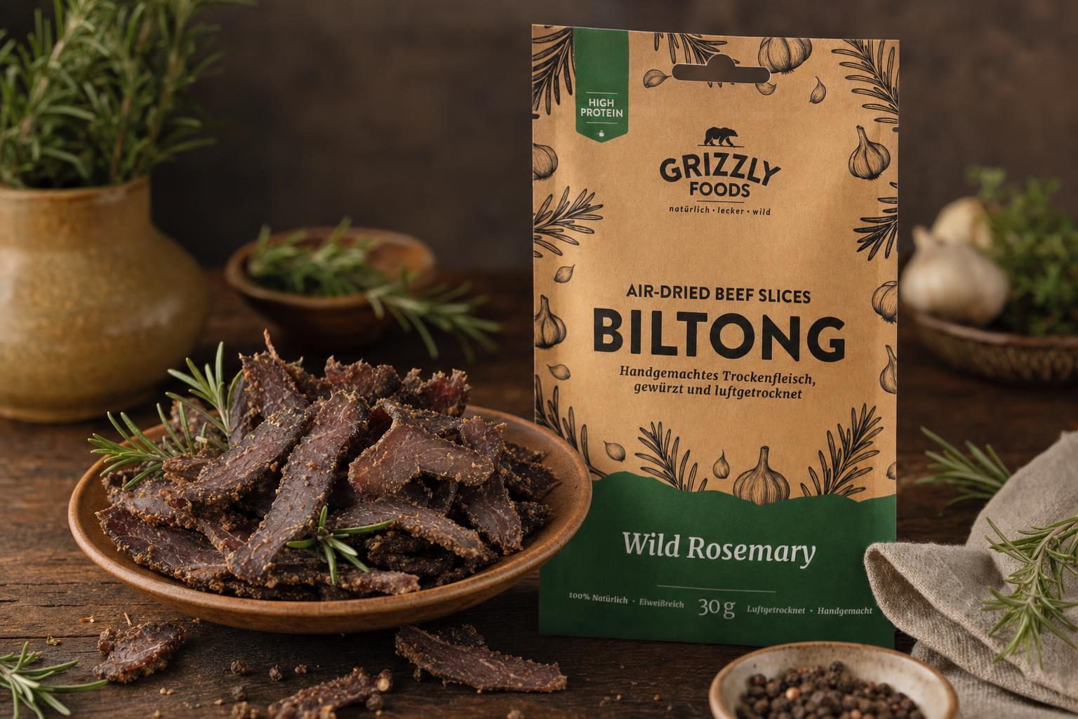 Dünne Biltong-Streifen liegen neben frischen Rosmarinzweigen auf einem Tisch, im Hintergrund eine geöffnete Snackpackung.