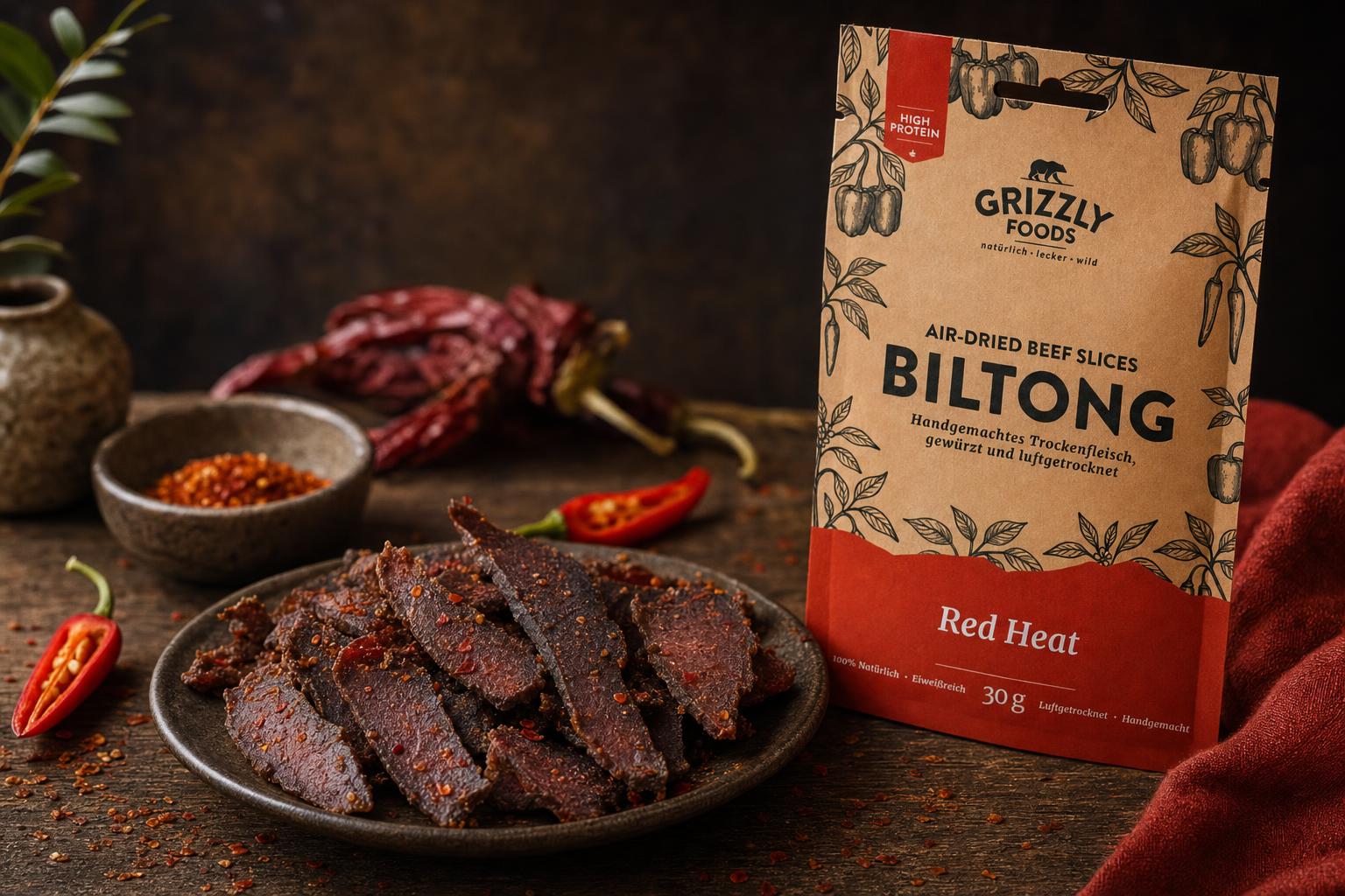 Dünne, gewürzte Biltong-Streifen mit Chili und Paprika neben einer roten Verpackung, auf dunklem Untergrund angerichtet