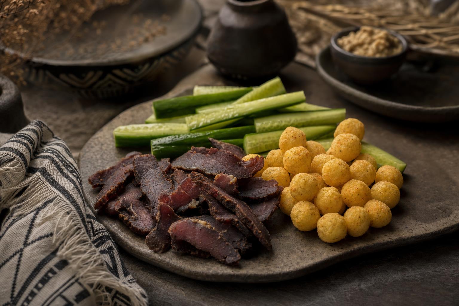 Snackplatte mit Biltong-Streifen, runden Käsepuffs und Gurkensticks auf einem Steinteller, serviert bei Tageslicht