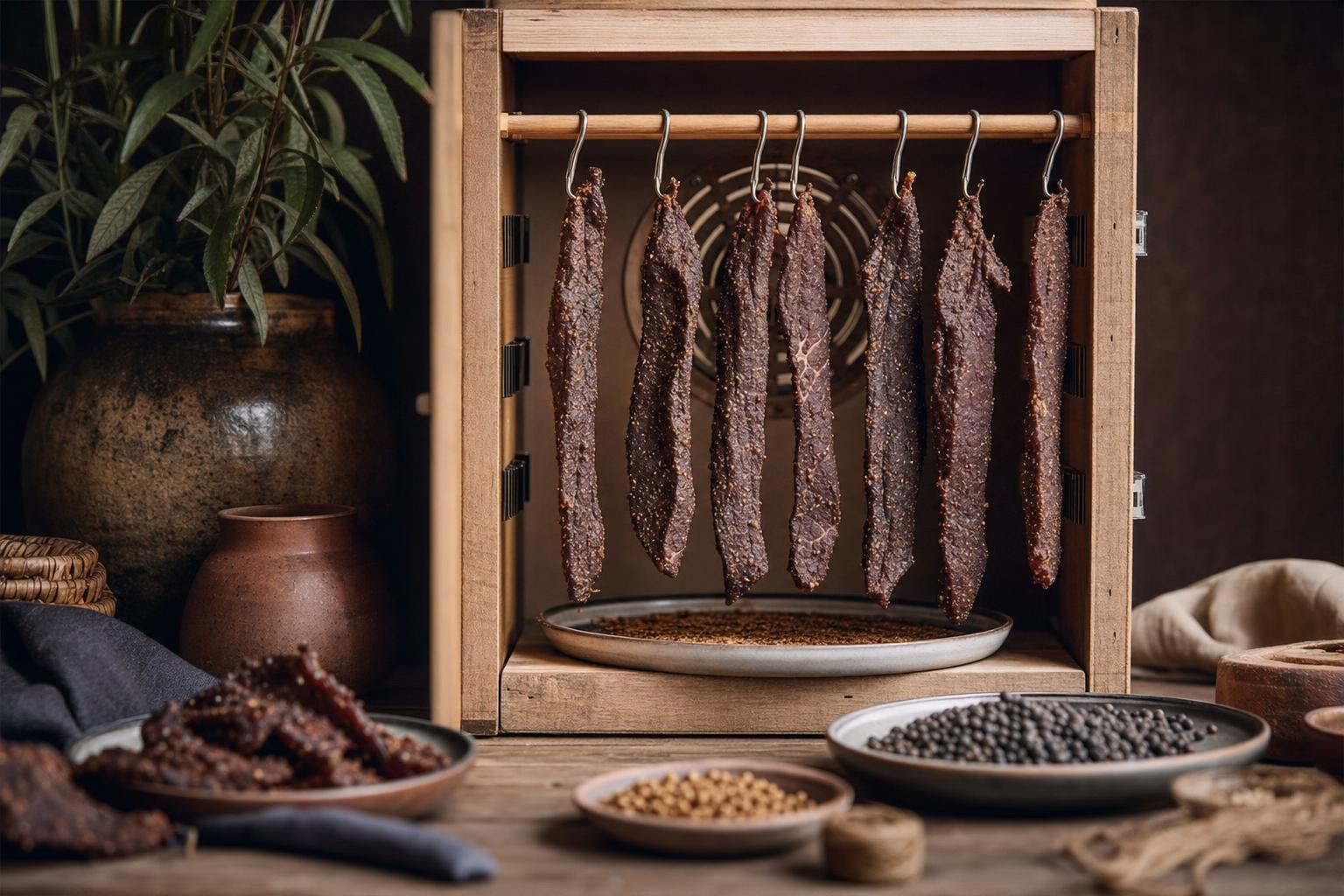 Biltong selber machen – Dünne Rindfleischstreifen hängen zum Trocknen in einer sauberen, selbstgebauten Box mit Luftzirkulation bei warmem Licht.