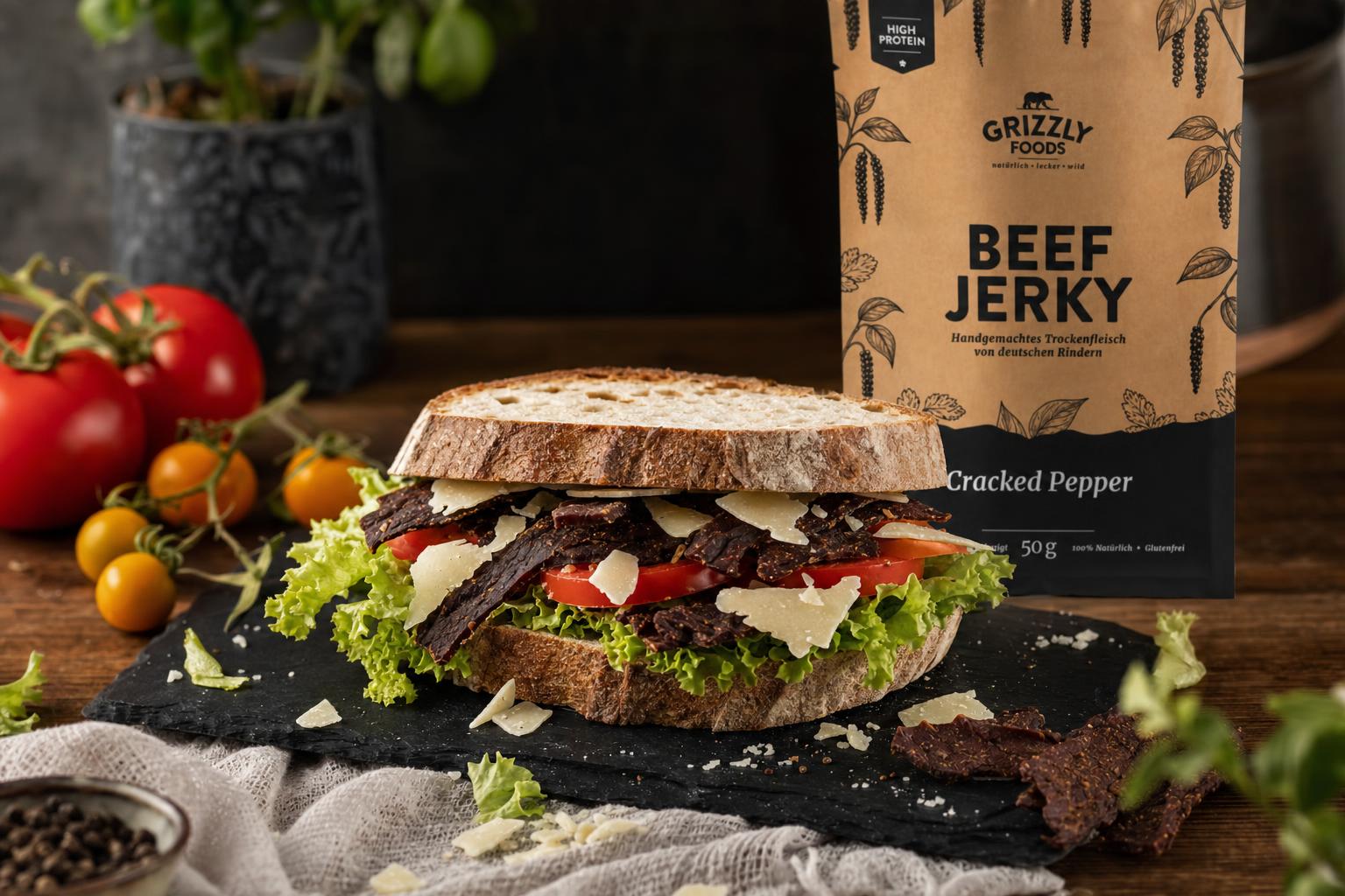 Rustikales Sandwich mit knusprigem Brot, Salat, Tomaten, Käsespänen und Beef Jerky, serviert auf Schieferplatte mit frischem Gemüse.