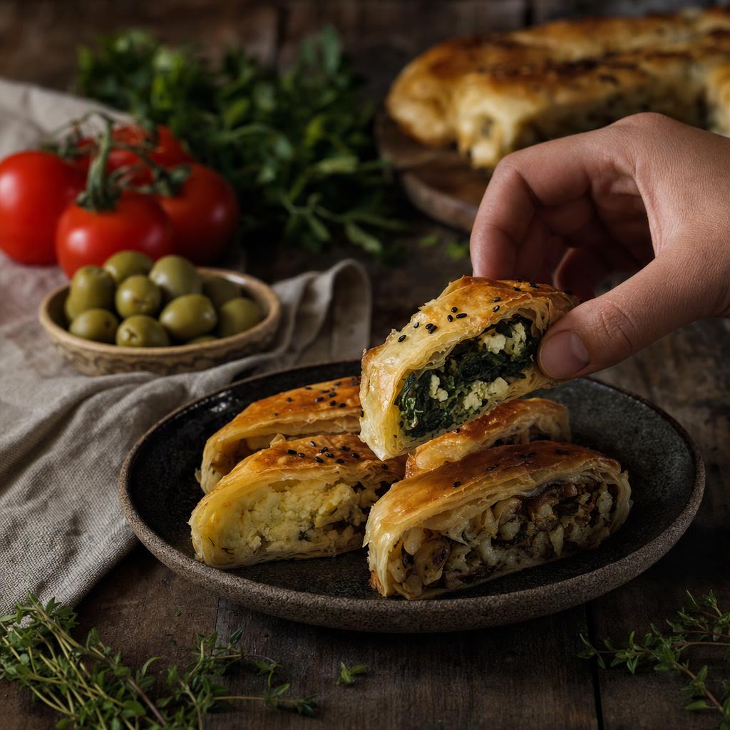 Hand hält ein Stück Börek mit Spinat-Käse-Füllung, im Hintergrund weitere Börekrollen, Tomaten, Oliven und frische Kräuter auf Holztisch.