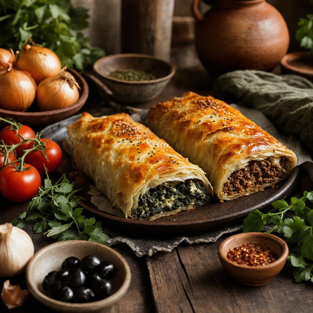 Zwei aufgeschnittene Börek-Rollen mit Spinat- und Fleischfüllung, umgeben von frischem Gemüse und Kräutern auf Holzbrett.