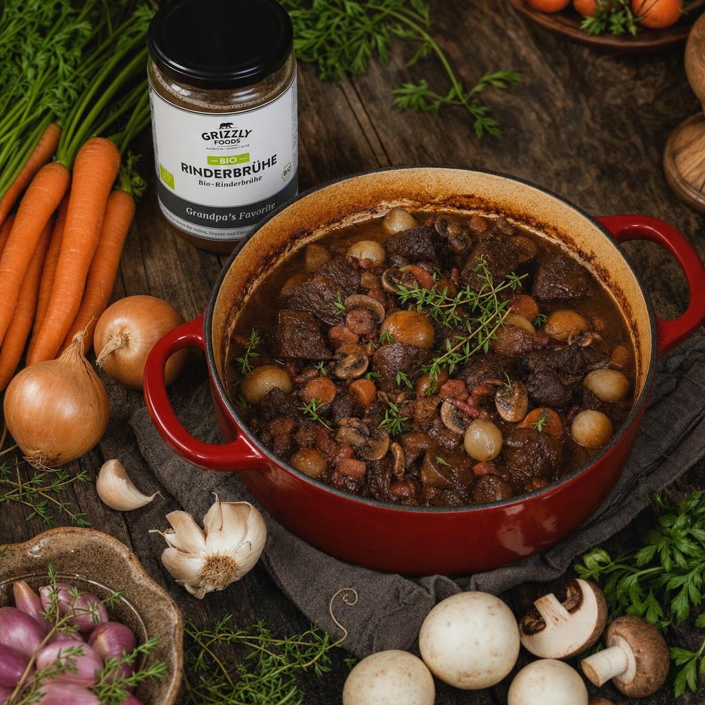 Ein gusseiserner Topf mit Boeuf Bourguignon, garniert mit Kräutern, umgeben von Karotten, Zwiebeln, Knoblauch und Pilzen auf Holztisch.