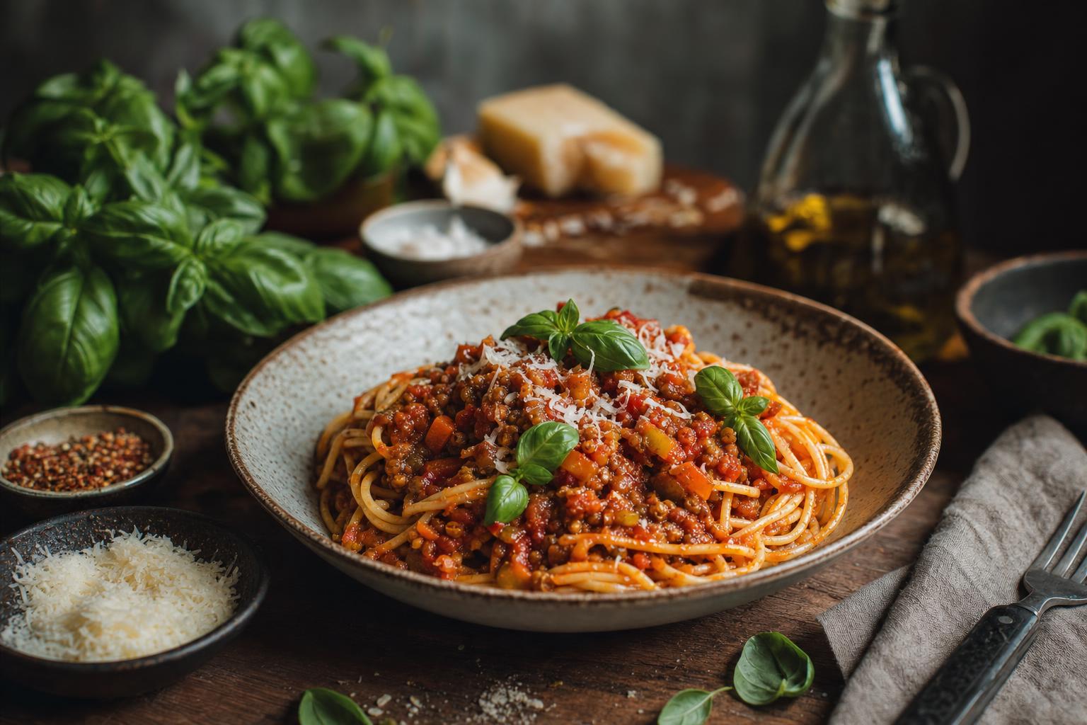 Spaghetti mit stückiger Gemüse-Bolognese, garniert mit frischem Basilikum, serviert auf einem Holztisch mit Käse und Olivenöl.