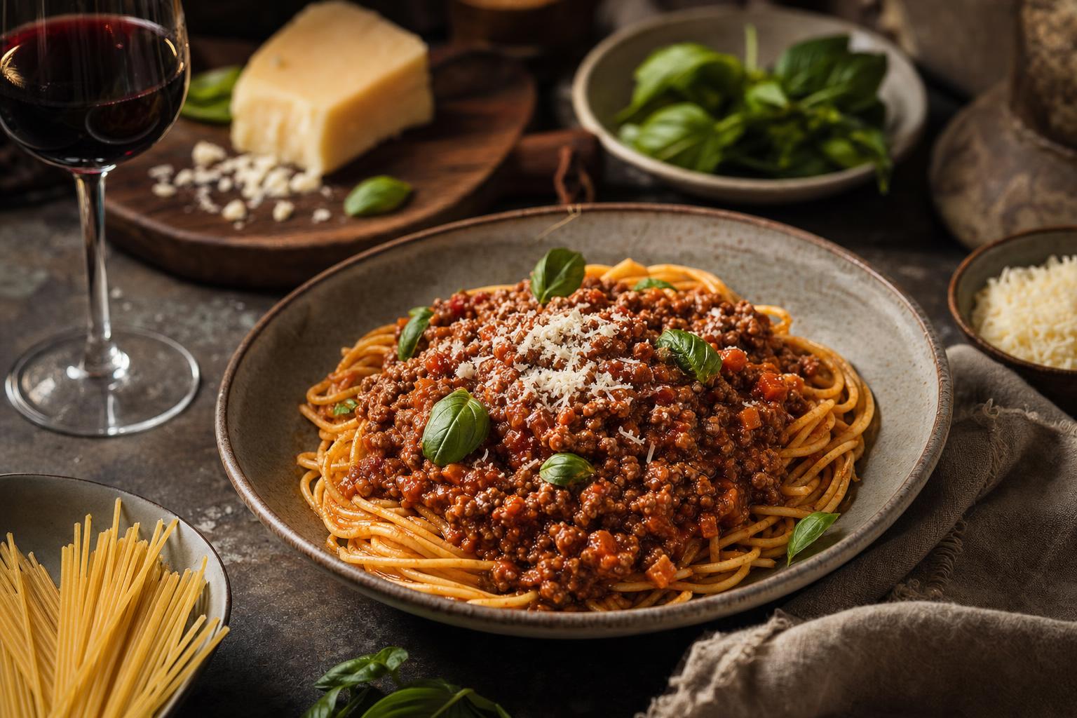 Spaghetti mit kräftiger Bolognese-Sauce, garniert mit frischem Basilikum, dazu geriebener Käse, Basilikum, Pasta und ein Glas Rotwein
