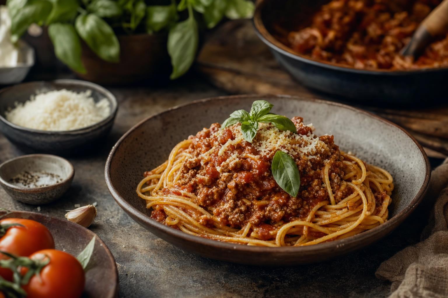 Zwei Teller Spaghetti mit Bolognese, garniert mit Basilikum und geriebenem Käse, auf Holztisch mit frischen Zutaten angerichtet.