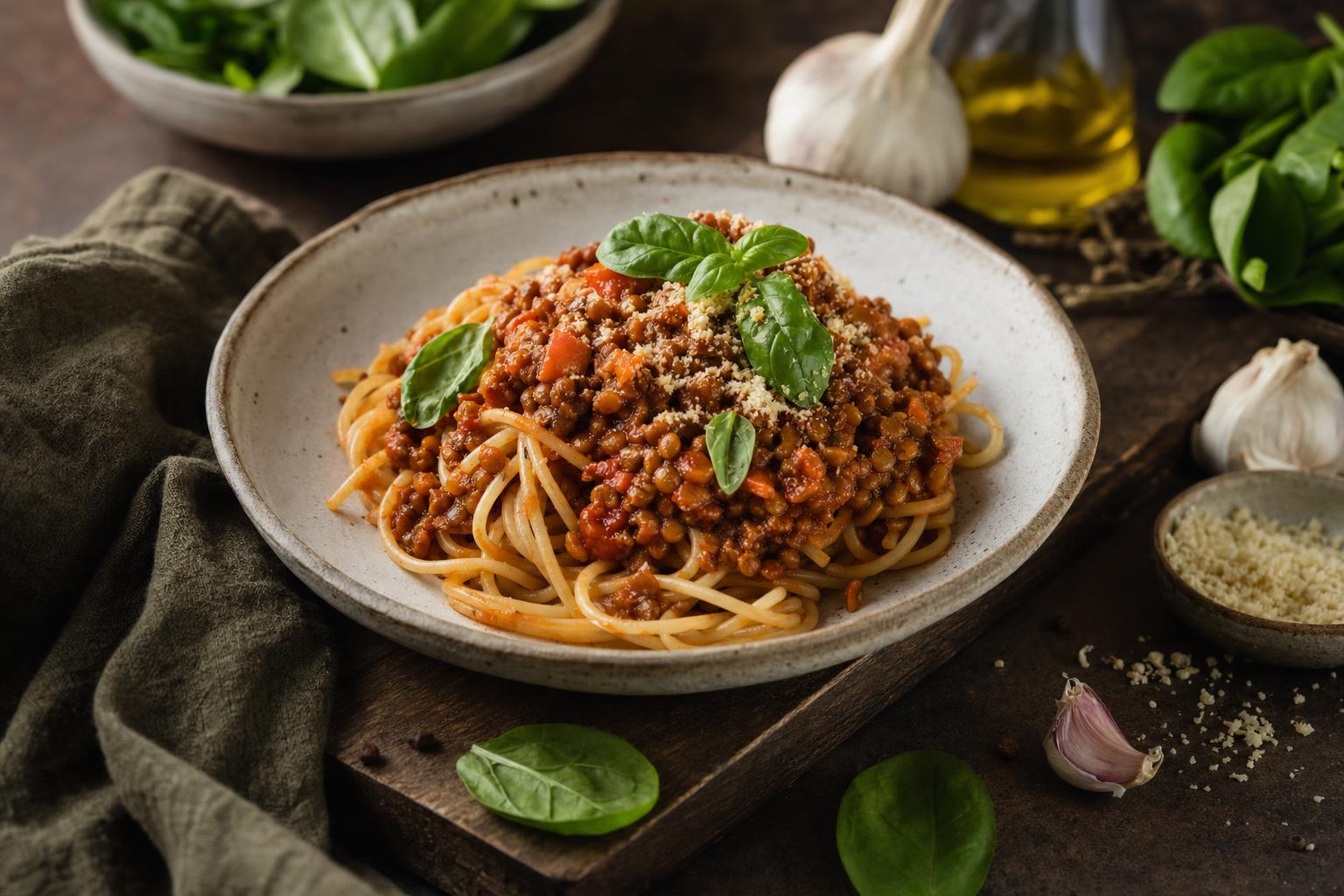 Spaghetti mit veganer Bolognese-Sauce, garniert mit frischem Basilikum, auf einem Holztisch mit Spinat, Ölflasche und Knoblauch.