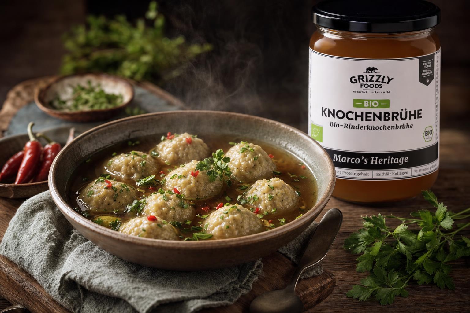 Schüssel mit mehreren Dumplings in klarer Knochenbrühe, garniert mit frischen Kräutern und roten Chilistückchen, auf Holztisch.