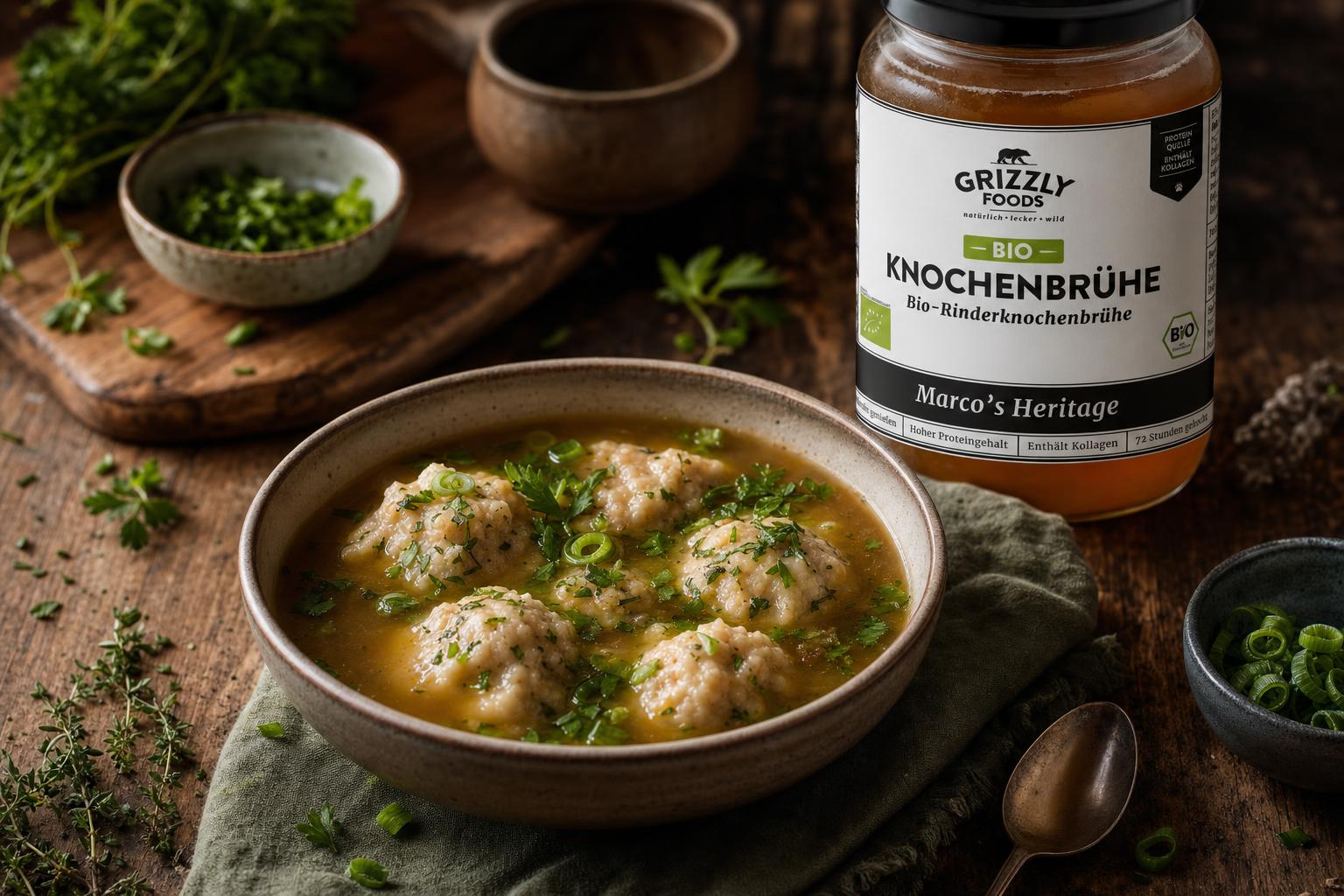 Mehrere gefüllte Dumplings schwimmen in goldener Knochenbrühe, garniert mit frischen Kräutern in einer braunen Keramikschale auf Holztisch.