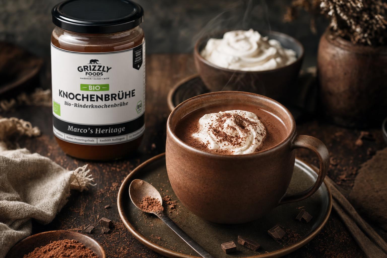 Bone Broth Hot Chocolate – Eine Tasse heiße Schokolade mit Sahnehäubchen und Kakaopulver, daneben eine Schale Schlagsahne, in gemütlicher Atmosphäre.