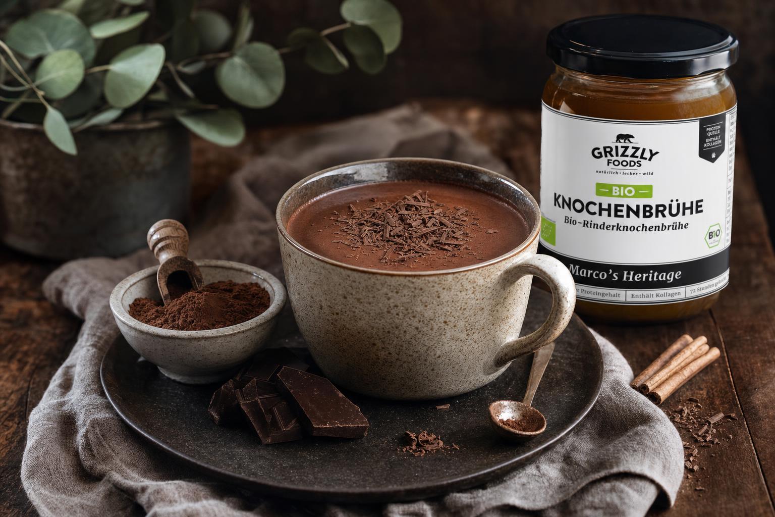 Bone Broth Hot Chocolate – Tasse heiße Schokolade mit cremigem Schaum, daneben Zimtstange und Kakaopulver auf einem hellen Untergrund.