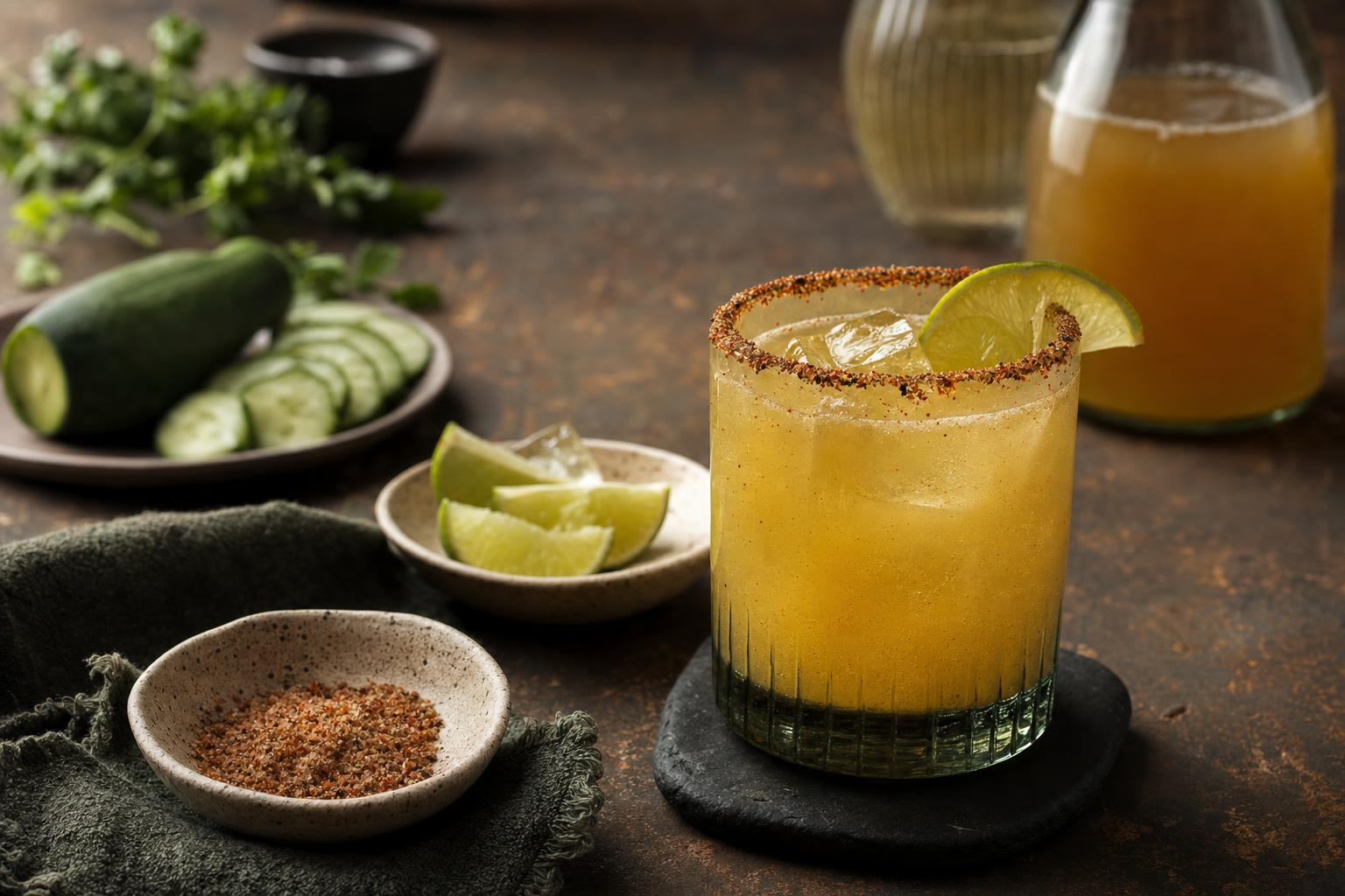 Goldgelber, leicht trüber Drink mit Eiswürfeln im Glas, Limettenschnitz und gewürztem Salzrand auf Holztisch, im Hintergrund Gurkenscheiben.