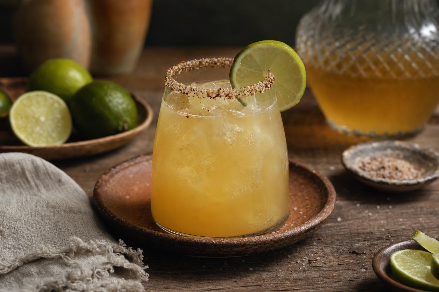 Ein Glas Bone Broth Margarita mit Eiswürfeln, gewürztem Salzrand und Limettenscheibe als Garnitur auf einem Holztisch.