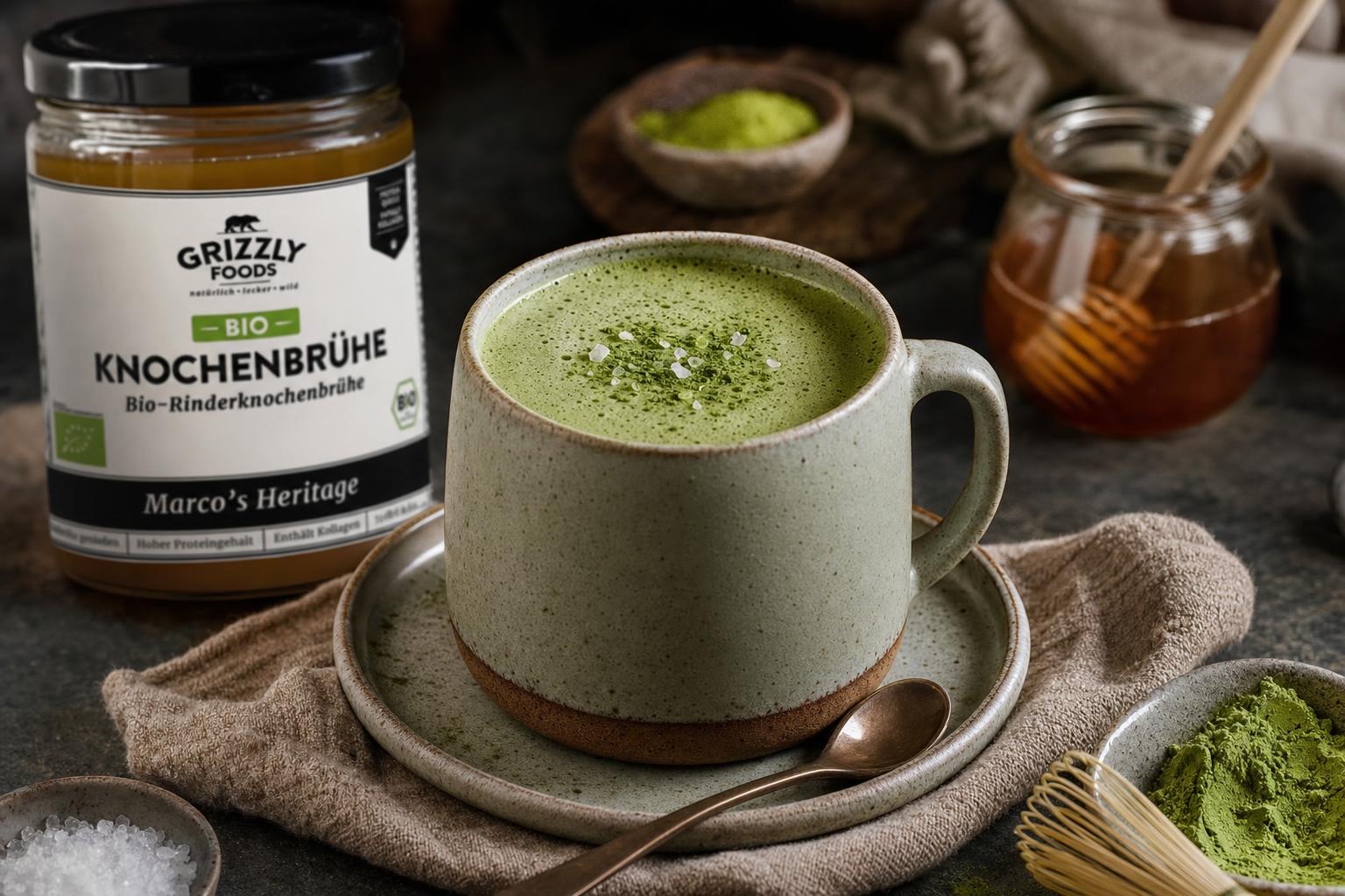 Große Tasse cremiger, leuchtend grüner Matcha Latte mit Matchapulver und grobem Salz bestreut, auf Untertasse und beiger Serviette.