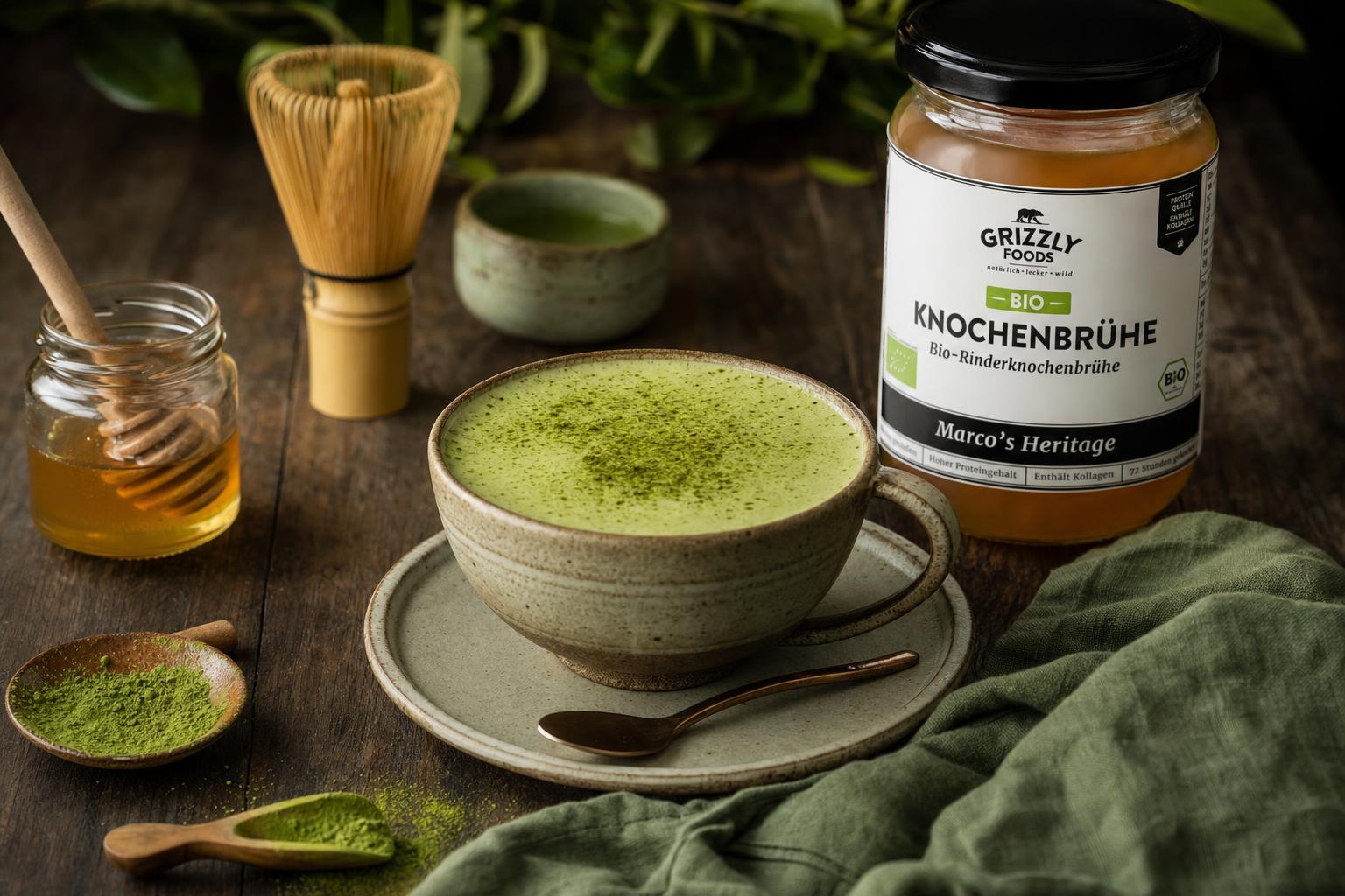 Keramiktasse mit leuchtend grünem Matcha Latte, bestäubt mit Matcha-Pulver, auf Untertasse mit Löffel und Serviette, daneben Honigglas und B