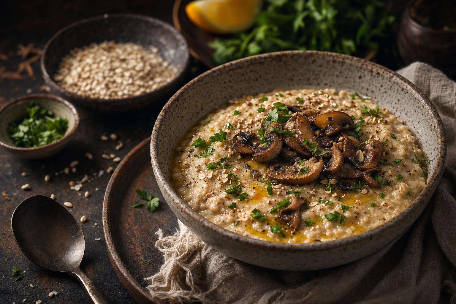 Cremiges Bone Broth Porridge in einer Schale, garniert mit gebratenen Pilzen, frischer Petersilie und Körnern, auf einem Tuch serviert.