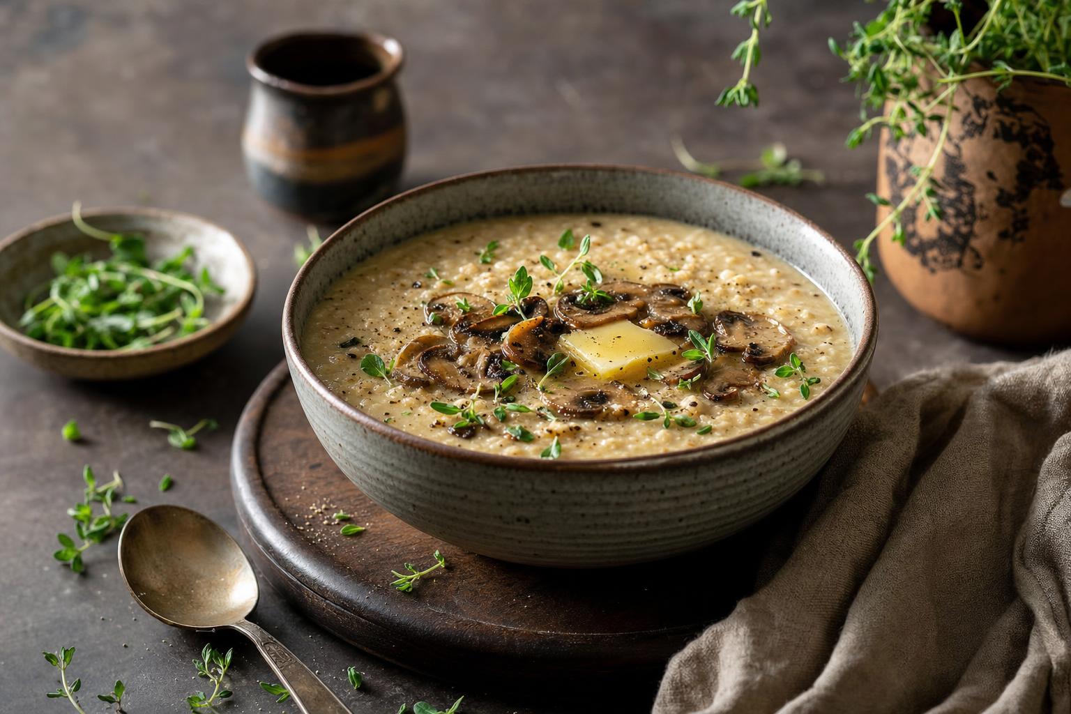 Cremiges Bone Broth Porridge in einer Schale, garniert mit gebratenen Pilzen, frischen Kräutern und einem Stück Butter auf rustikalem Tisch.