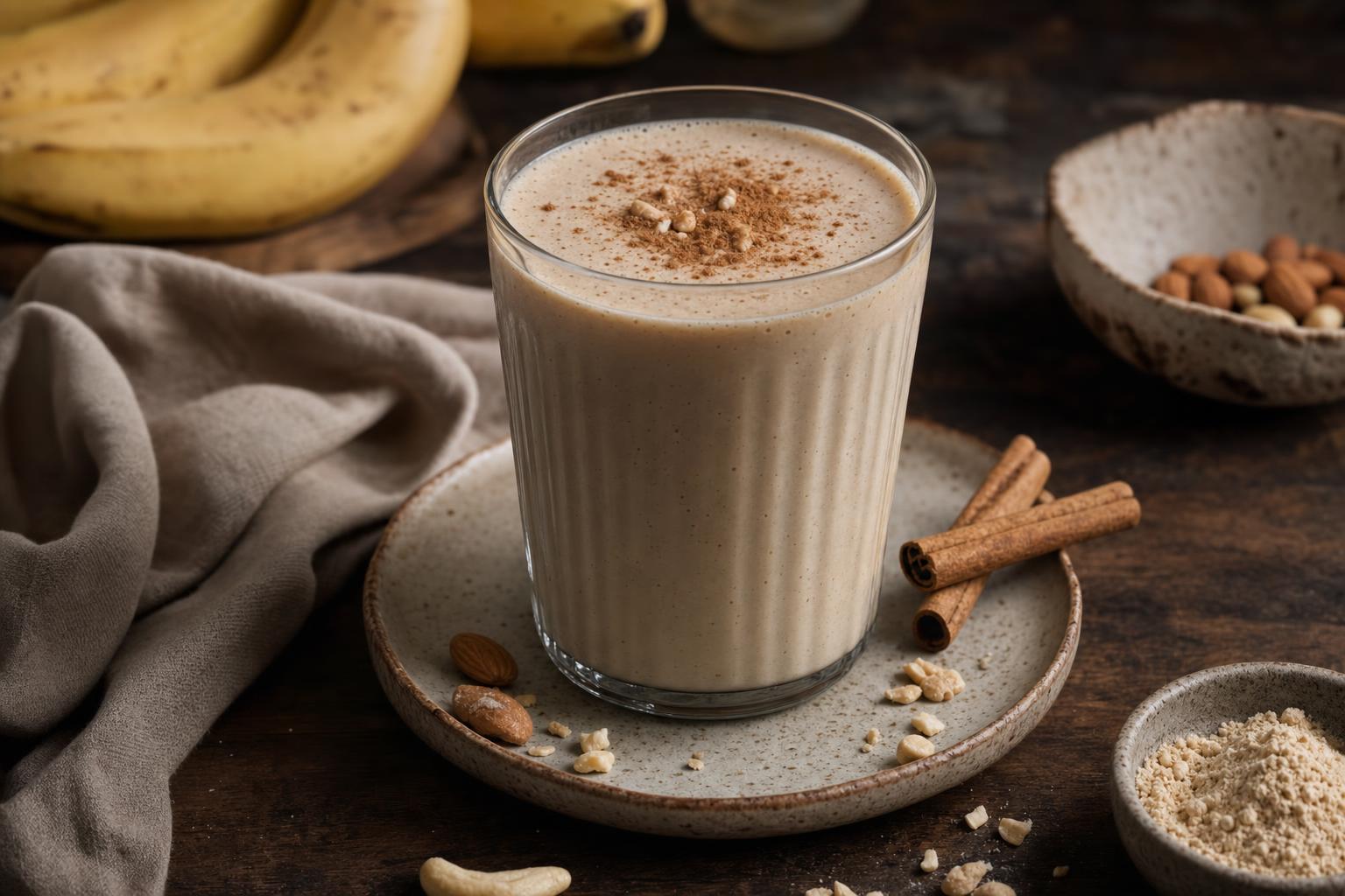 Cremiger Proteinshake im Glas auf Holzplatte, bestreut mit Pulver, umgeben von Banane, Nüssen und Zimtstangen, warme Lichtstimmung