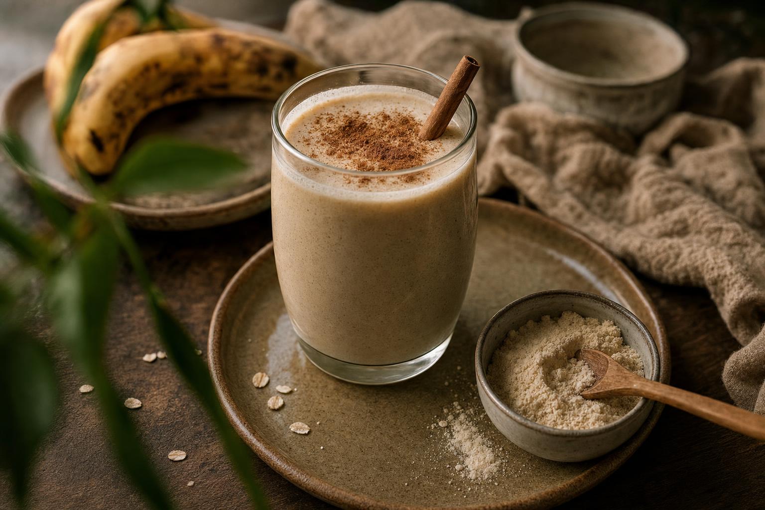Cremiger Proteinshake im Glas mit Zimtstange und Pulver bestreut, daneben Banane und Schälchen mit Proteinpulver auf Holzoberfläche.