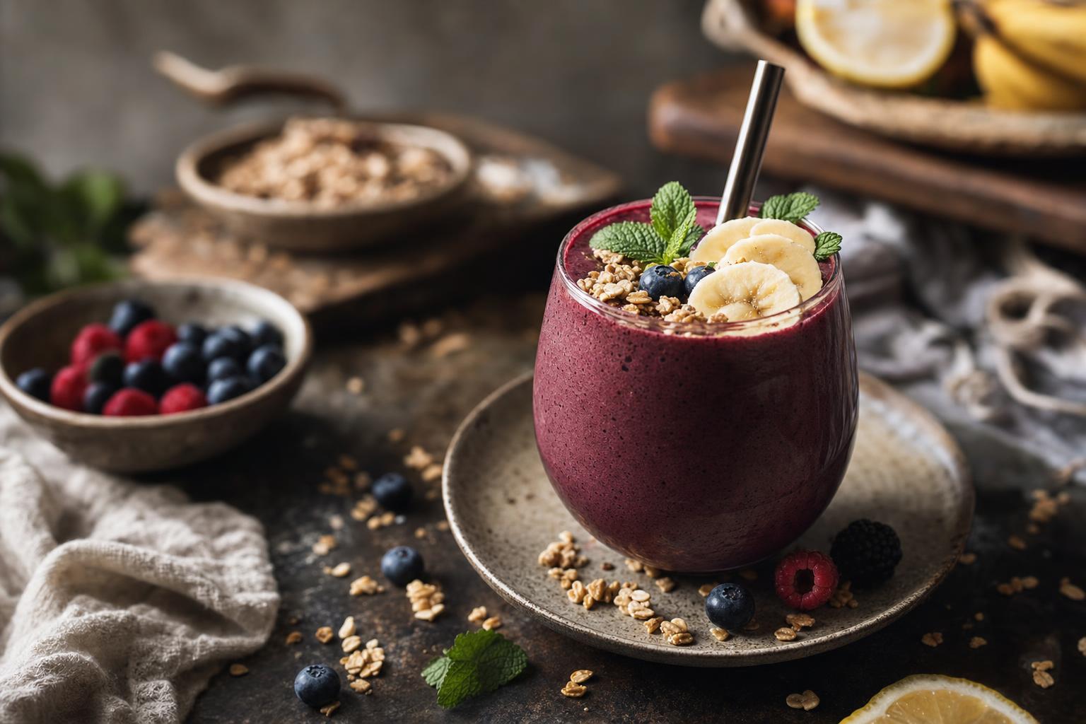 Glas mit violettem Smoothie, garniert mit Bananenscheiben, Minze und Granola, daneben Beeren und Zitronenscheibe auf Holztisch