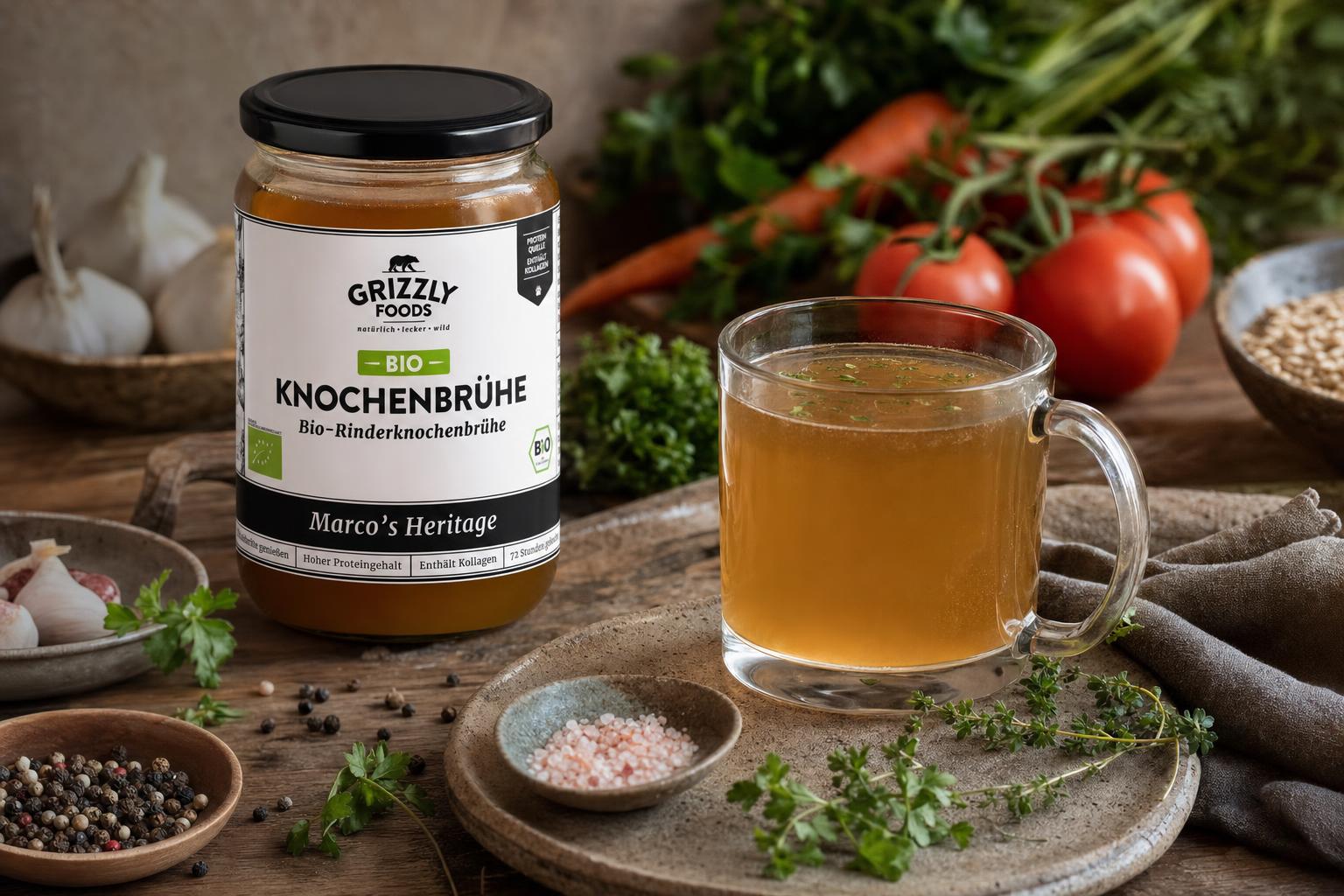 Ein Glas mit klarer goldener Knochenbrühe auf Holz, umgeben von frischen Tomaten, Kräutern und Getreide.