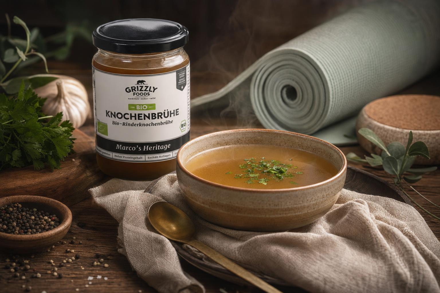 Eine dampfende Schale Knochenbrühe auf einem Tuch, im Hintergrund eine eingerollte Yogamatte auf Holz, warm und einladend angerichtet.