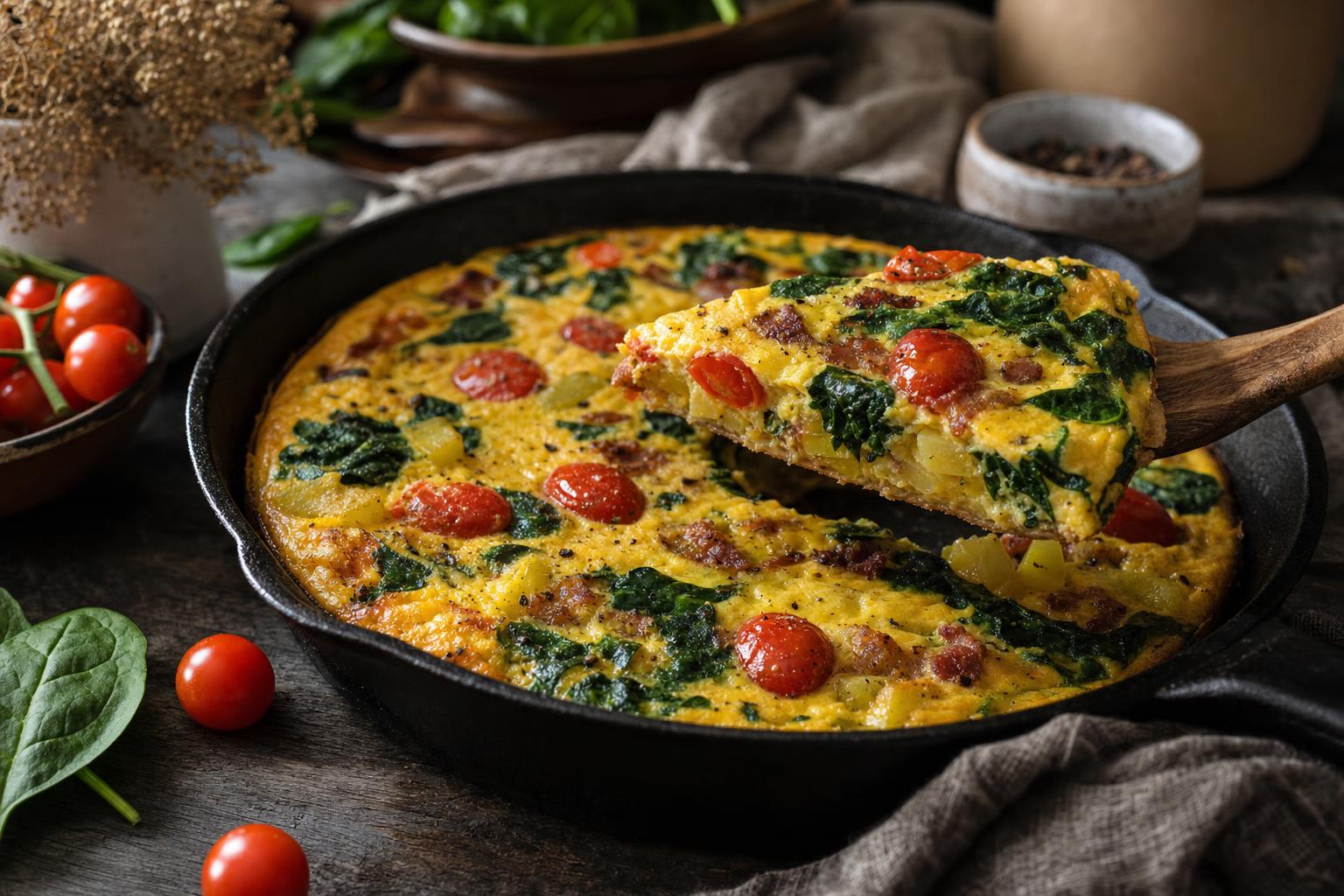 Frisch gebackene Frittata mit Spinat, ganzen Cherrytomaten und lockerem Ei in einer schwarzen Pfanne, ein Stück wird mit Holzspatel serviert