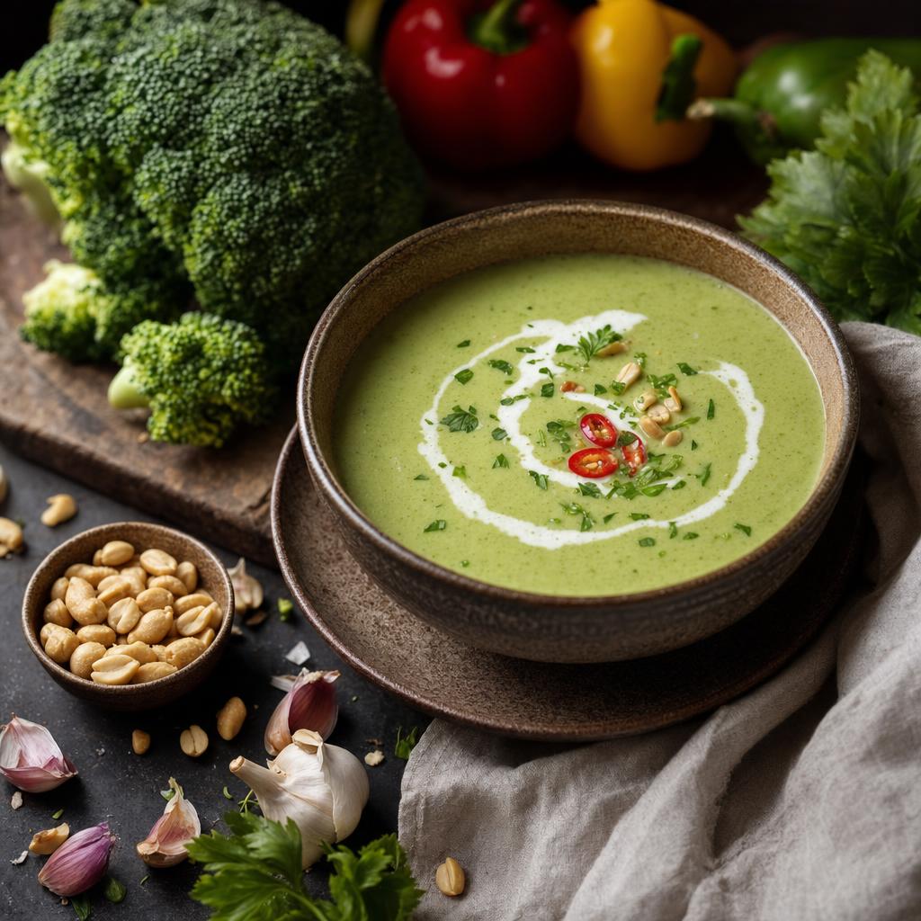 Schale mit cremiger Brokkolisuppe, garniert mit Sahne, Chili und Kräutern, umgeben von frischem Gemüse und Nüssen auf Holztisch