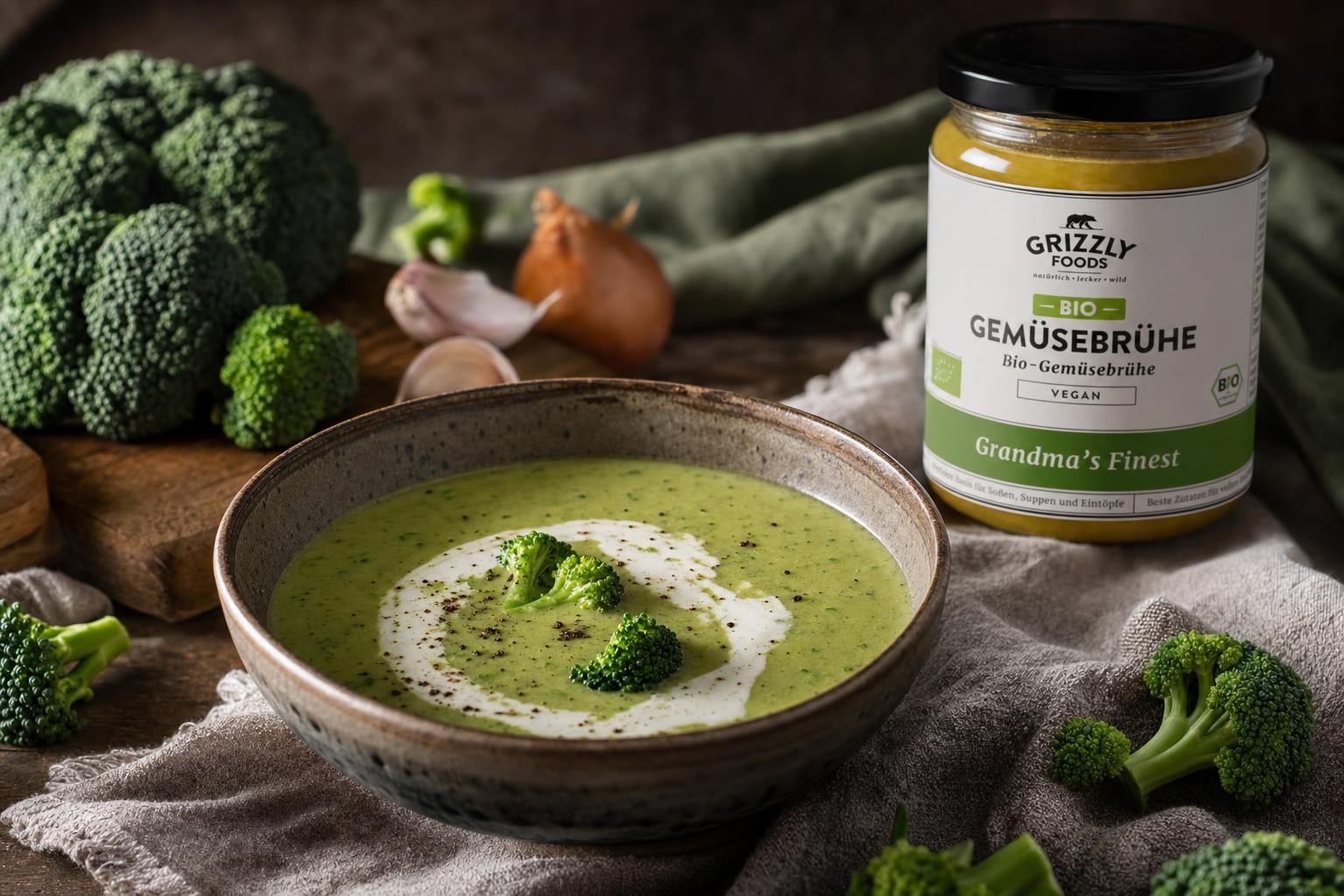 Cremige grüne Brokkolisuppe in einer Schale, garniert mit Sahnetupfer und frischen Brokkoliröschen