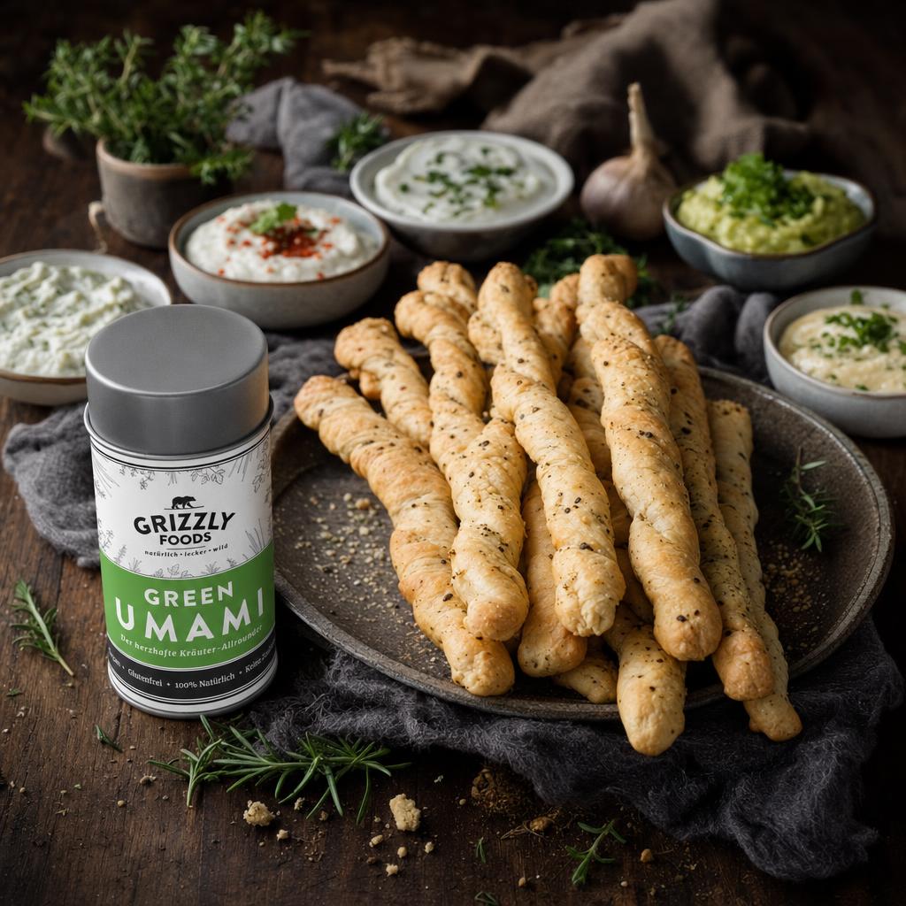 Mehrere goldbraune, gedrehte Brotstangen auf einem Teller, umgeben von Mehl, Hefe, Gewürzen, frischen Kräutern und Knoblauch.