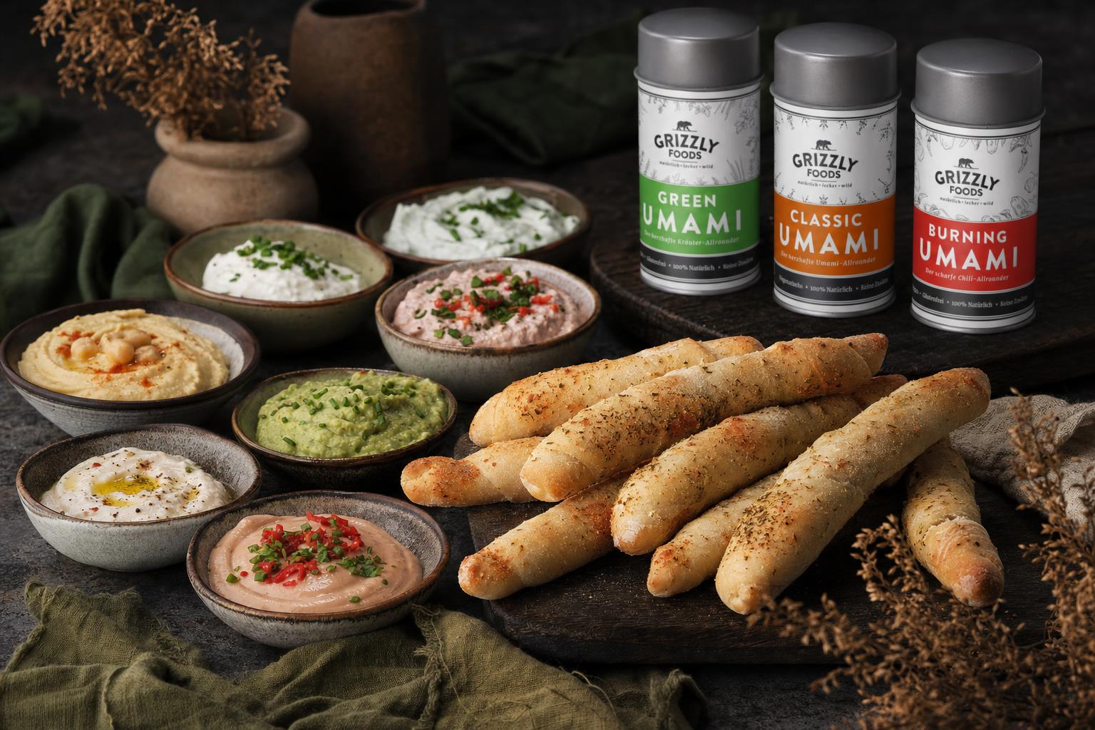 Vier goldbraune, knusprige Brotstangen auf einem Holzbrett, daneben kleine Schälchen mit verschiedenen Dips