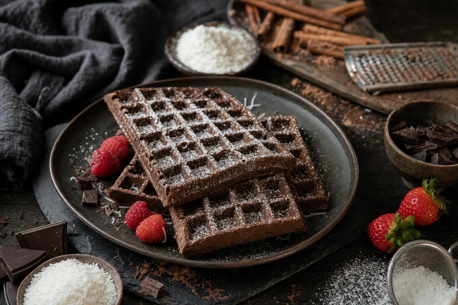 Schokoladige Brownie-Waffeln mit Puderzucker bestäubt, serviert auf Holz, umgeben von Schokolade, Zimt, Obst und Herbstblättern.