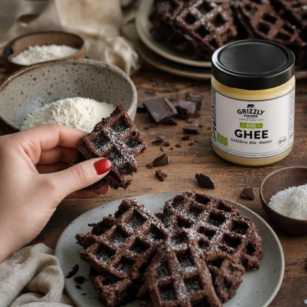 Hand hält ein Stück schokoladige Brownie-Waffel mit Puderzucker, im Hintergrund weitere Waffeln und Backzutaten auf rustikalem Tisch.