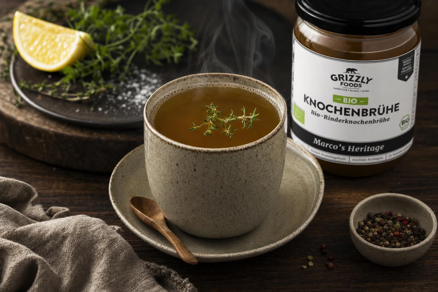 Zwei Hände halten eine Tasse mit goldener Knochenbrühe, die warm und einladend wirkt.