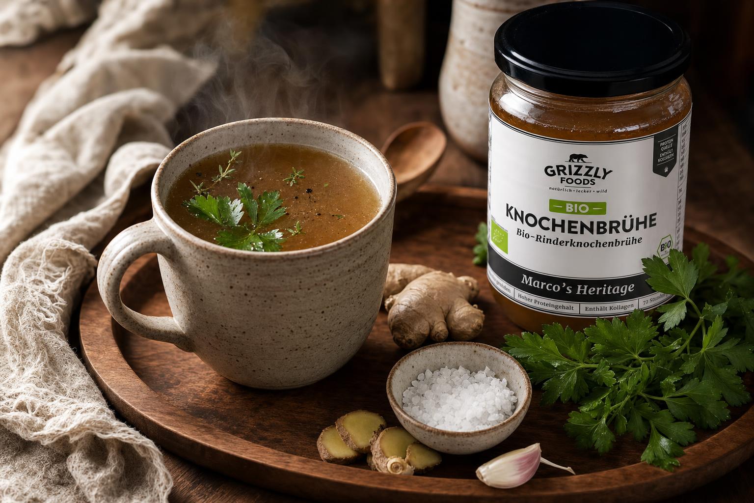 Keramiktasse mit heißer Knochenbrühe, garniert mit frischen Kräutern, daneben Petersilie, Knoblauch, Ingwer und grobes Salz auf Holztablett.
