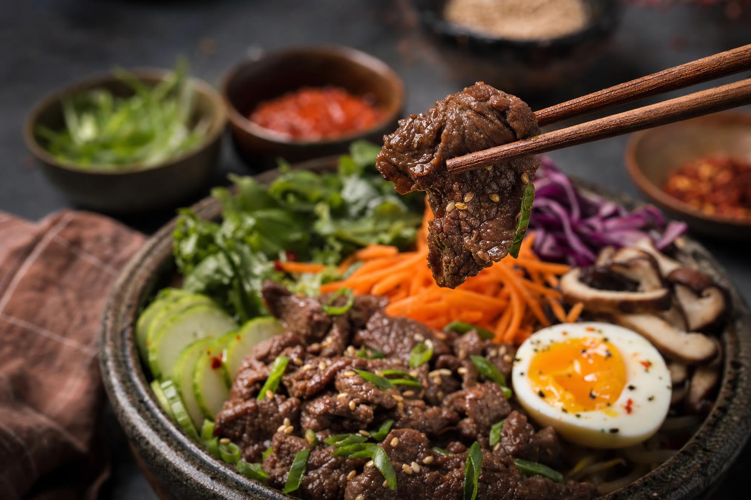 Mariniertes Bulgogi-Rindfleisch wird von Stäbchen gehalten, im Hintergrund eine Schüssel mit Gemüse, Salat und Ei.
