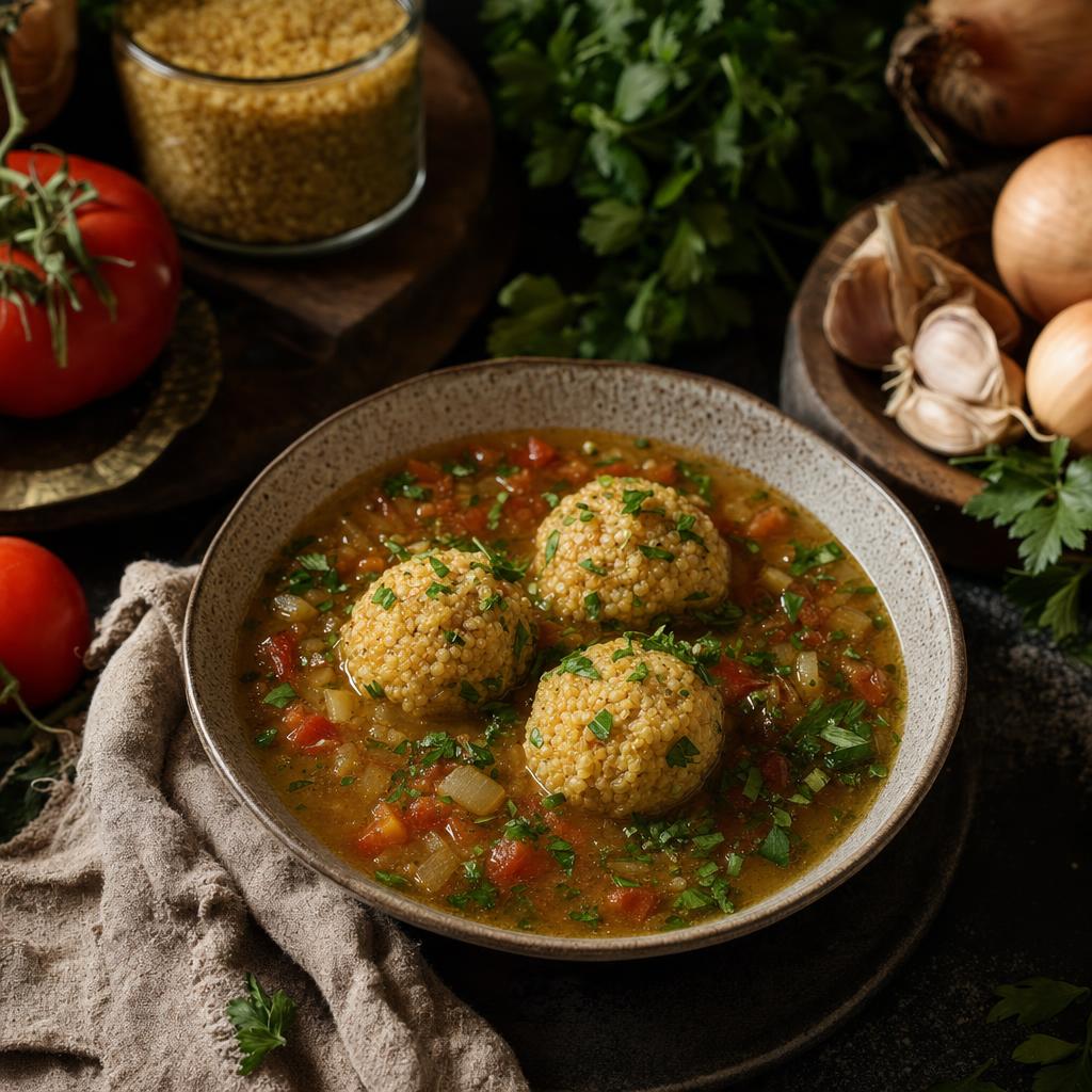 Schale mit klarer Suppe und drei Bulgur-Nocken, garniert mit Petersilie, umgeben von frischem Gemüse und Bulgur auf Holztisch.