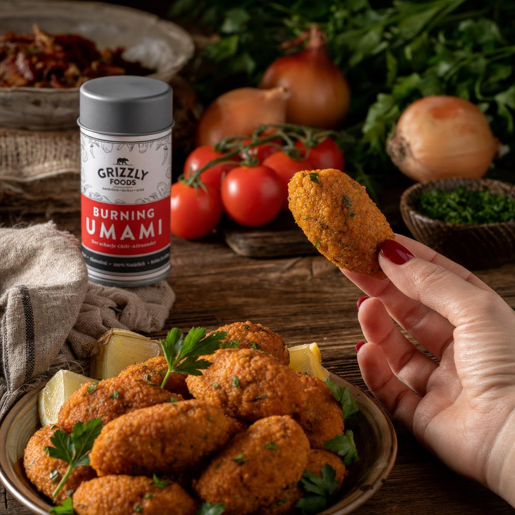Hand hält einen Bulgur Nocken, daneben Schüssel mit weiteren Nocken, Tomaten, Zwiebeln und Petersilie auf Holztisch.