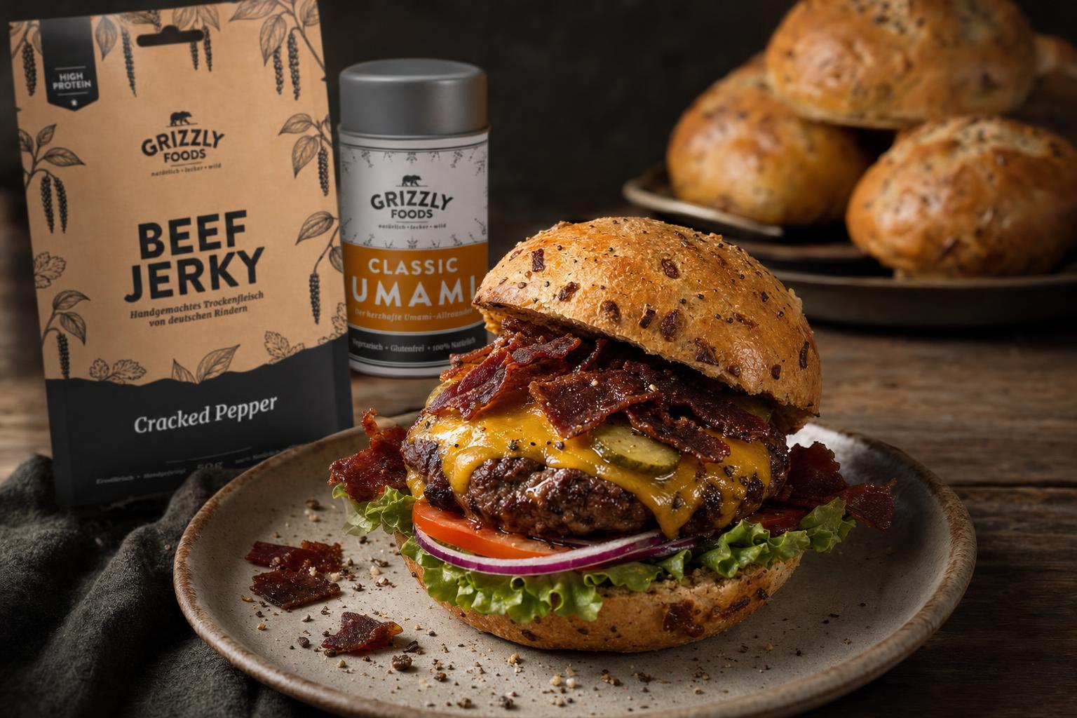 Burger mit geschmolzenem Käse, Salat, Tomate, Zwiebel, Gurke und Beef Jerky auf rustikalem Bun, serviert auf einem Teller.