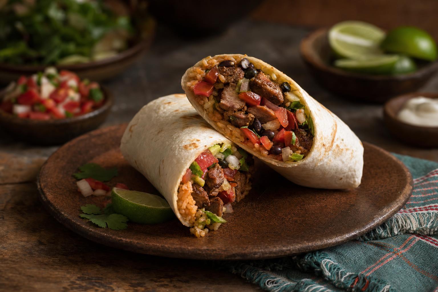 Halbierter Burrito mit bunter Füllung aus Fleisch, Gemüse und Reis auf braunem Teller, im Hintergrund frische Zutaten unscharf.